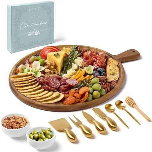 Charcuterie Board Set - Round Acacia Cheese Board Serving Tray with Accessories - House Warming G... | Amazon (US)