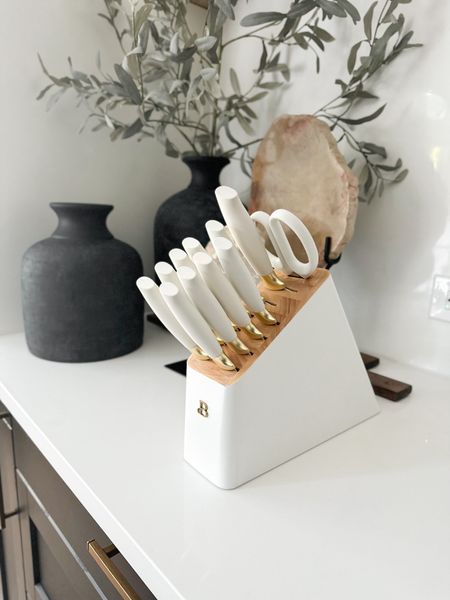 Beautiful 12 Piece Knife Block Set with Soft-Grip Ergonomic Handles White and Gold
