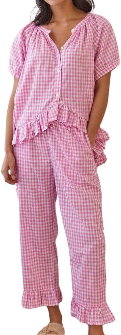 Womens Gingham Pajama Set 2 Piece Short Sleeve Babydoll Shirt and Pants Lounge Set Cute Sleepwear | Amazon (US)