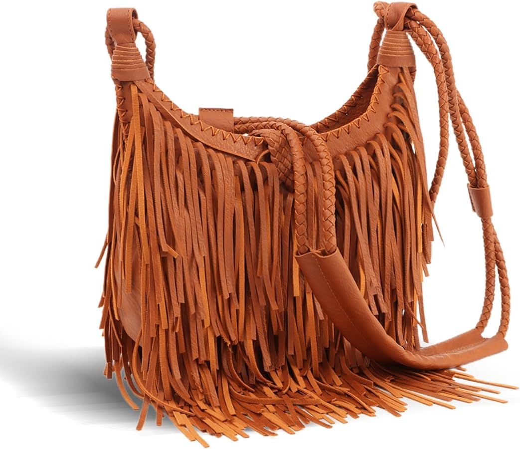 Vintage Fringe hobo bags for Women Vegan Faux Suede Leather Tassel Crossbody Bag Fringe Purse | Amazon (US)