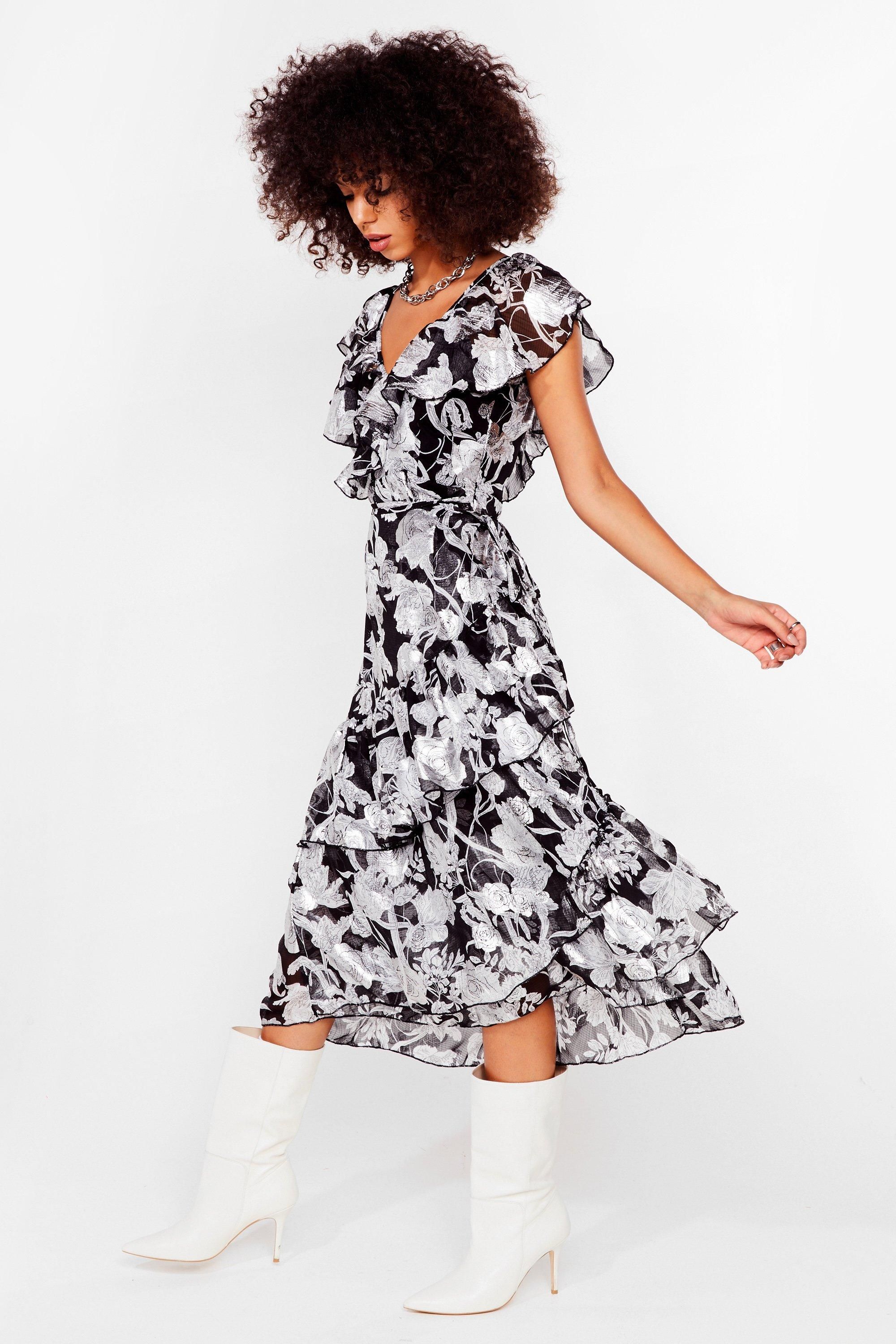 Leaf Print Tiered Ruffle Midi Dress | Nasty Gal (US)