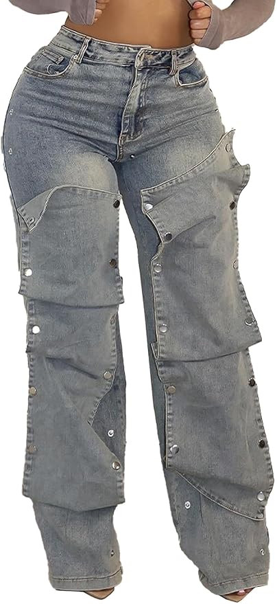 Women Detachable Straight Leg Jeans Y2k High Waisted Cargo Jeans Patchwork Denim Pants | Amazon (US)