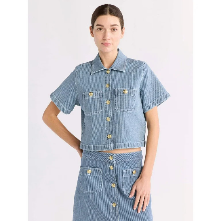 Free Assembly Women's and Women's Plus Striped Denim Cropped Shirt, Sizes XS-4X | Walmart (US)