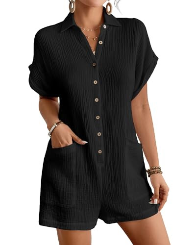 Bsubseach Womens Rompers For Summer 2025 Shorts Jumpsuit Short Sleeve Button Down Romper With Pockets Beach Vacation Outfits Black L | Amazon (US)