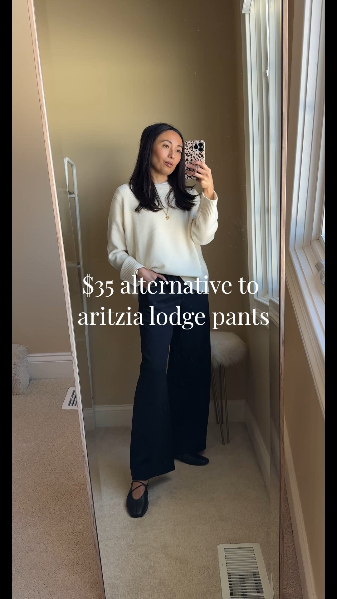 Vacation pants  Work pants. Workwear. Office wear. 
$35 alternative to the aritzia lodge pants. 
These seem good for the price. True to size. Appreciate the length options. I am in short length at about 5’4. Pants to look or feel cheap to me. Also linking a couple other options to the aritzia pants at lower price points  
Cashmere sweater- i sized up
Flats are beautiful investment shoes. True to size. 
Initial necklace. 
Base layer favorite all cotton t-shirt- true to size  


#LTKFindsUnder50 #LTKOver40 #LTKootd