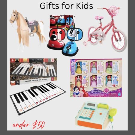 Gifts ideas for kids under $50. Play horse with accessories, bumper car toys, a bike, large walk over piano set, Disney princess fashion set of dolls and outfits, cash register with accessories. 

#LTKGiftGuide #LTKunder50 #LTKkids