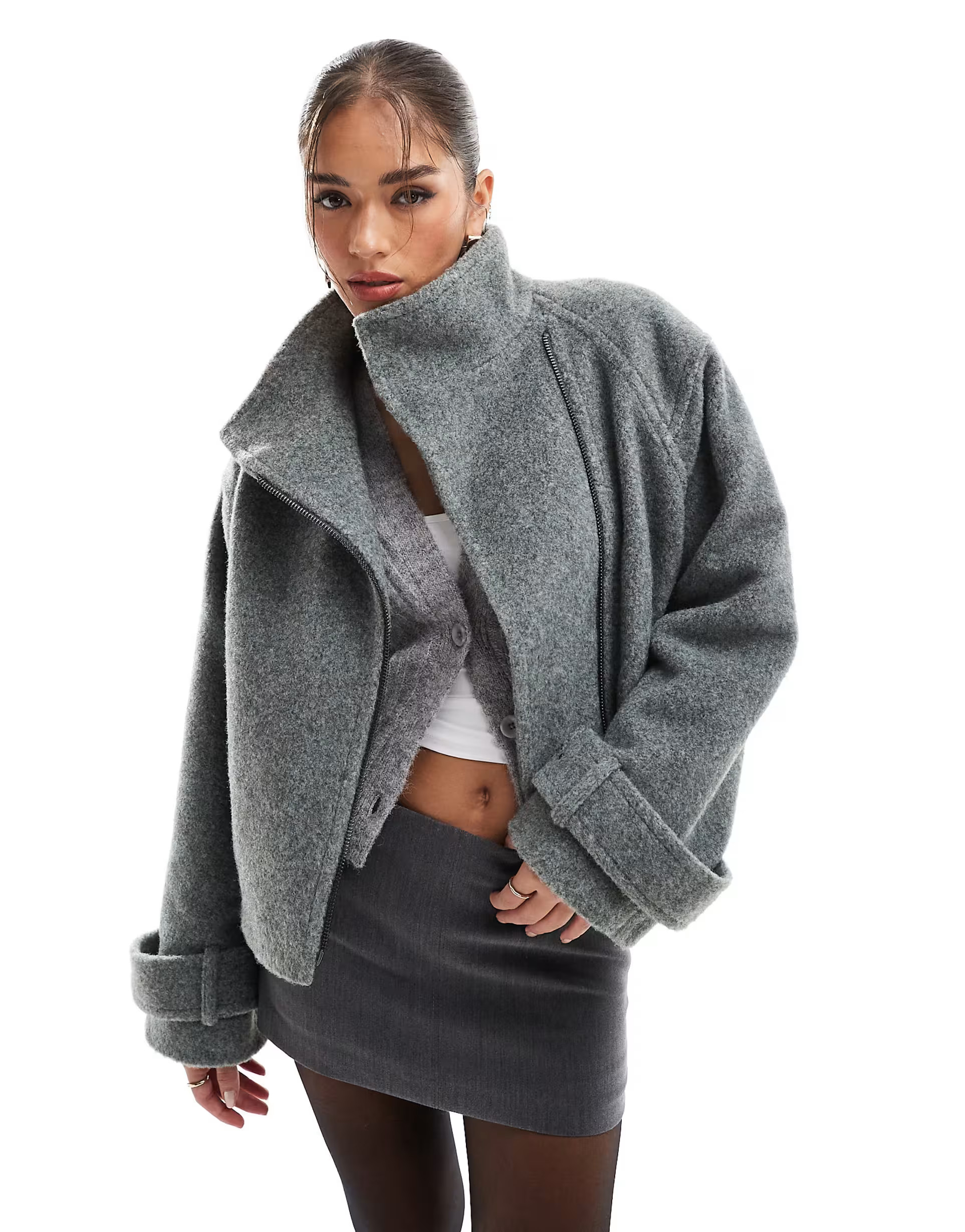 ASOS DESIGN – Formelle, angeraute Motorradjacke in Anthrazit mit Trichterausschnitt | ASOS (Global)
