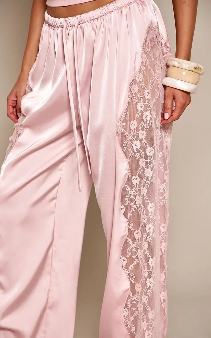 Pink Satin Lace Drawstring Trousers | PrettyLittleThing UK