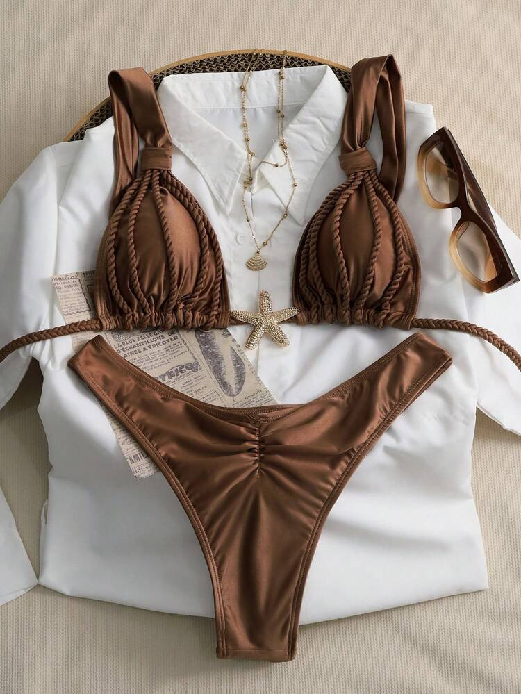 Swim Chiccia 2pcs Women's Sexy Elegant Vintage Halter Strap Ruched Design Coffee Brown Beachwear ... | SHEIN