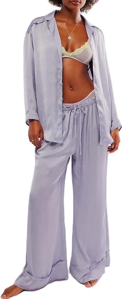 Women Satin Pajama Set Floral Silk Pajamas 2 Piece Lounge Sets Button Down Shirts Wide Leg Pants ... | Amazon (US)