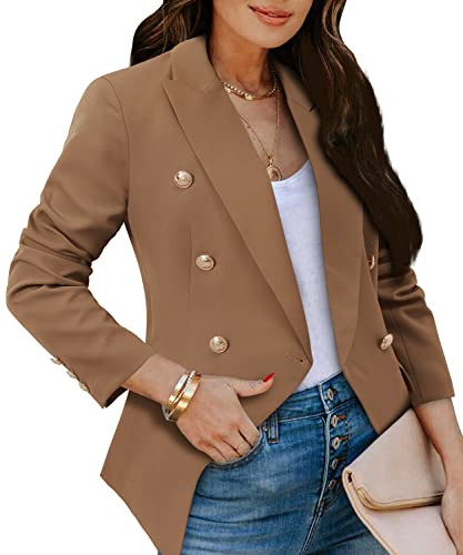 CRAZY GRID Womens Double Breasted Blazer Jackets Open Front Business Casual Suit Jacket Long Sleeve Dressy Blazer Lapel Gold Button Ladies Work Office Blazer Khaki Large | Amazon (US)