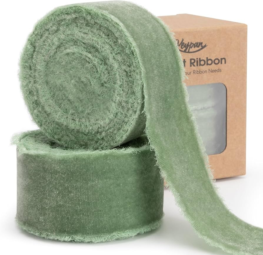 Olive Green Velvet Ribbon 1-1/2 Inch x 6 Yd Handmade Frayed Vintage Ribbons for Christmas Tree Ho... | Amazon (US)