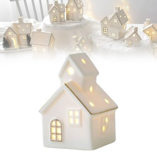 Nutgui White Christmas Houses Light up, Ceramic Miniature Christmas Village Houses Accessories, LED Lighted Tabletop Paintable House Figurines Battery Operated, DIY Home Decor Gift(H) | Amazon (US)