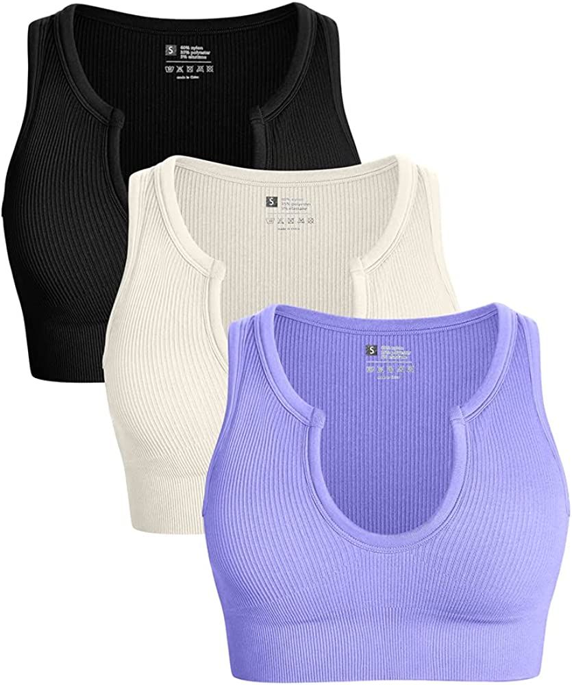 OQQ Women's 3 Piece Medium Support Crop Top Seamless Ribbed Removable Cups Workout Yoga Sport Bra | Amazon (US)