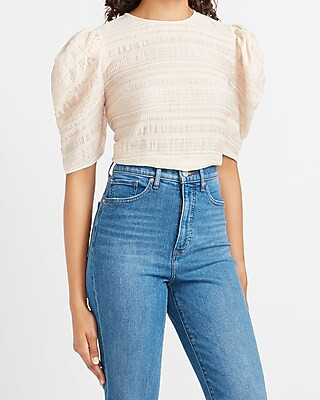 Textured Puff Sleeve Crew Neck Top | Express