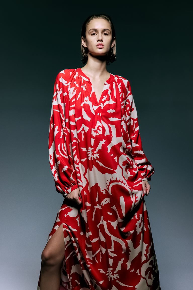 Balloon-sleeved Dress - Bright red/floral - Ladies | H&M US | H&M (US + CA)