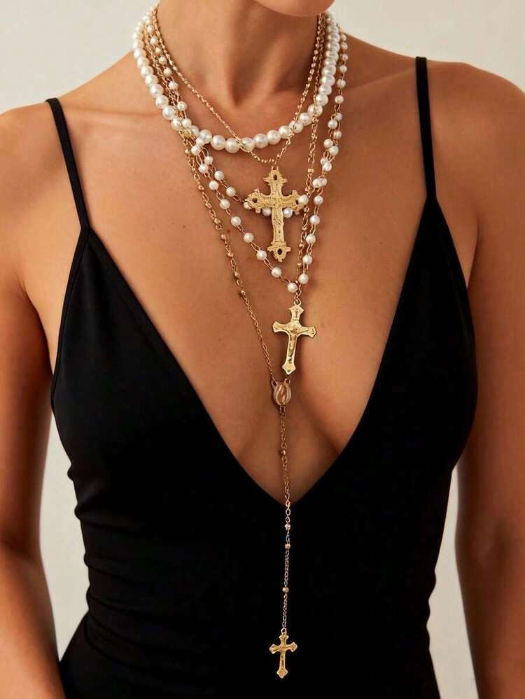 4pcs Vintage Gold Metal Cross & Virgin Mary Pendant Y-Necklace, Multilayer Pearl Beaded Necklace, Suitable For Women Everyday & Holiday Wear, Festival Gift | SHEIN