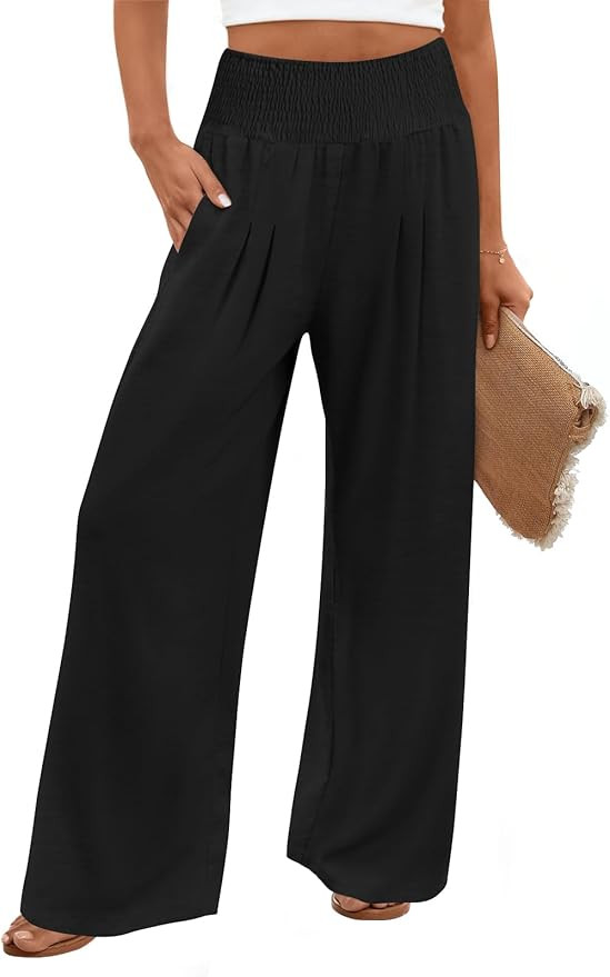 Findsweet Womens Wide Leg Pants Palazzo Casual Flowy Elastic Waist Pant Dressy Long Lounge with P... | Amazon (US)