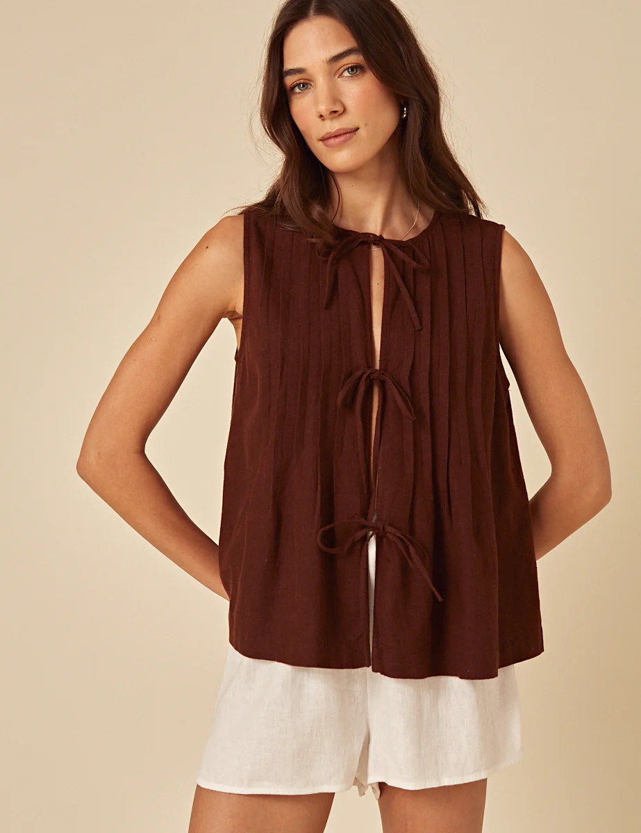 Brown Linen-blend Tie Front Top | Nobody's Child