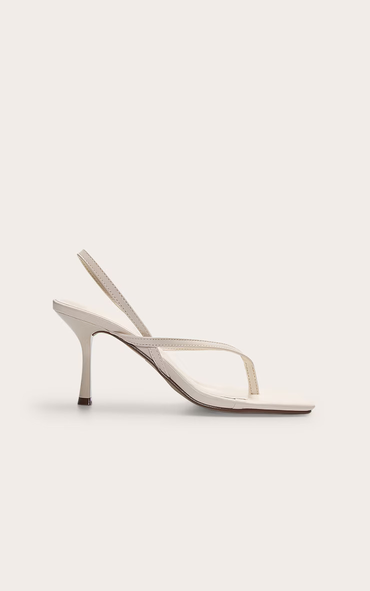 Cream Pu Square Toe Thong Sling Back Mid Heeled Sandals | PrettyLittleThing UK