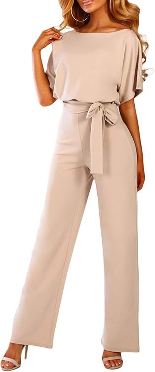 Bdcoco Womens Casual Short Sleeve Belted Jumpsuits Solid Wide Leg Pants Rompers | Amazon (US)