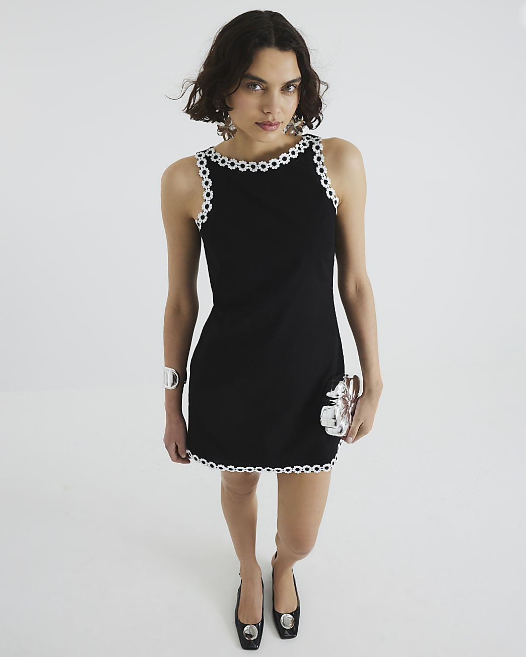 Black Flower Trim Mini Shift Dress | River Island UK & IE