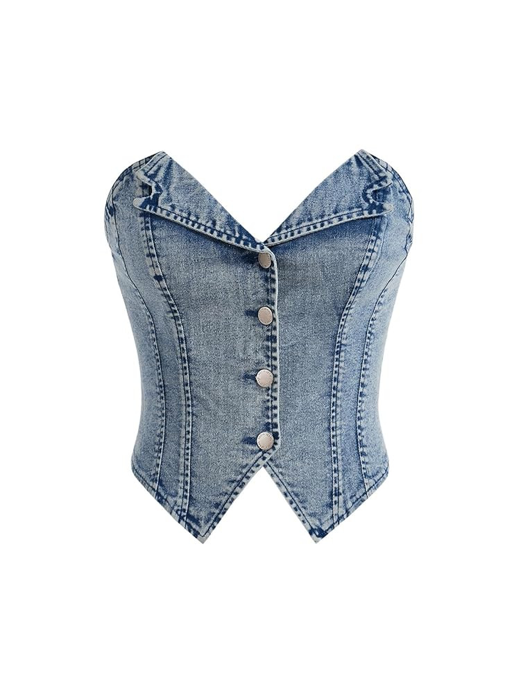 WDIRARA Women's Button Down Denim Tube Tops Y2k Asymmetrical Crop Top Sleeveless Strapless Bandea... | Amazon (US)
