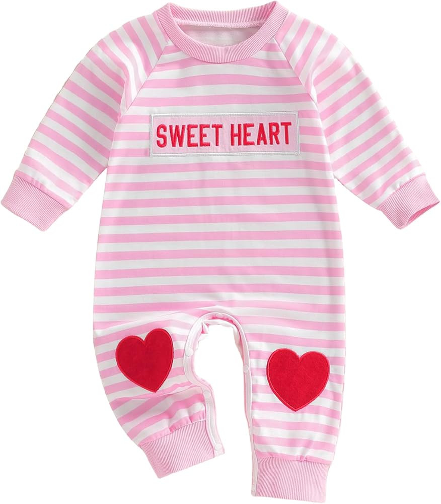 Baby Boy Girl Valentines Outfit Letters Stripe Romper Long Sleeve Onesie Jumpsuit Infant Valentin... | Amazon (US)