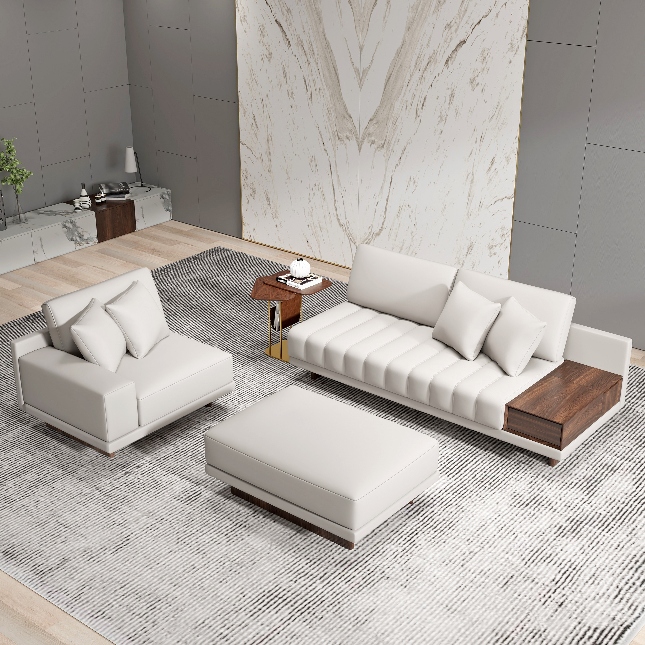 126" L-Shaped Modular Leather Sectional Sofa Set with Side Table and Ottoman & 35" Square Coffee Table with Storage | Homary