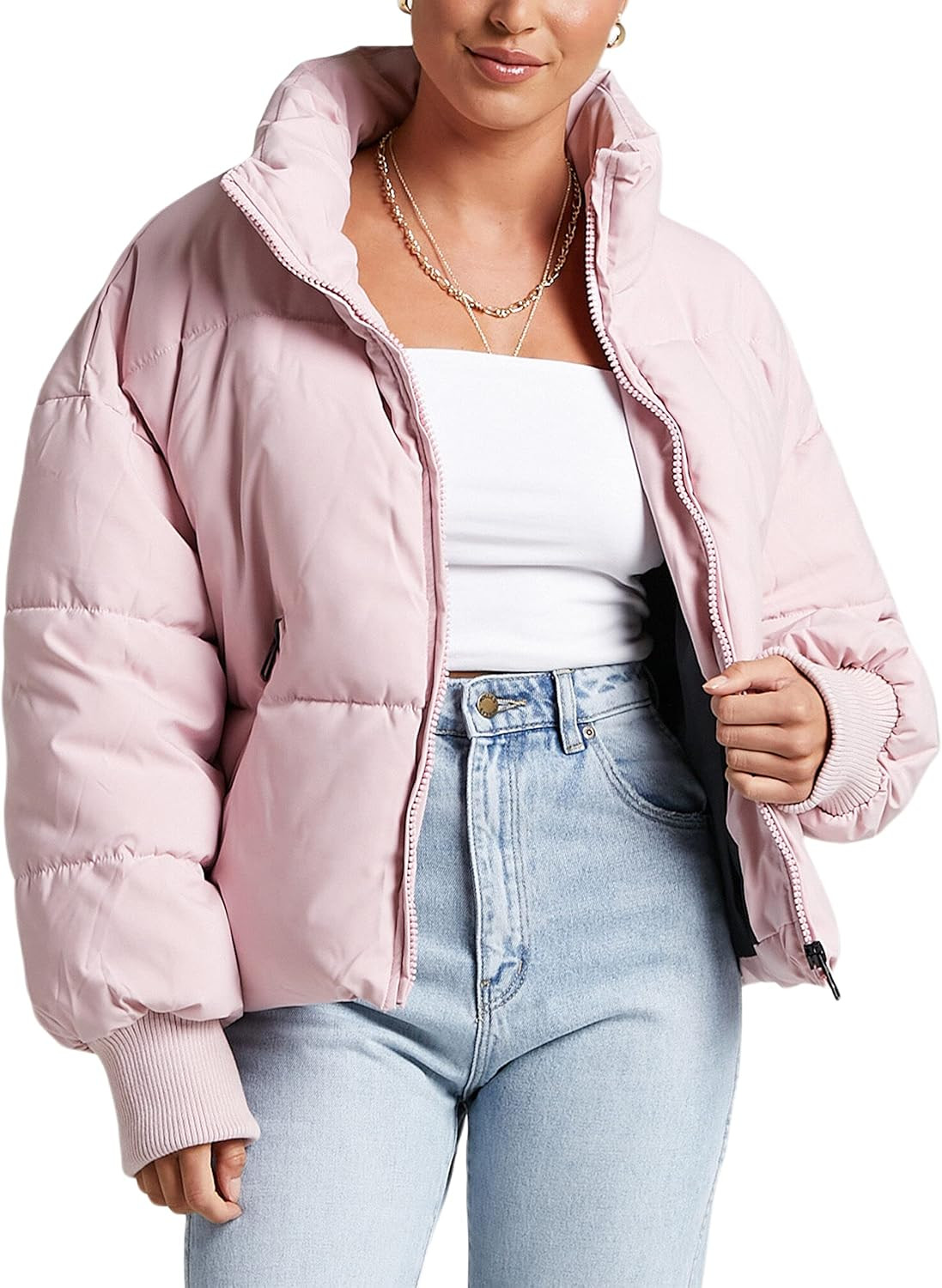 Uaneo Womens Casual Padded Full Zip Stand Collar Long Sleeve Puffer Jackets | Amazon (US)