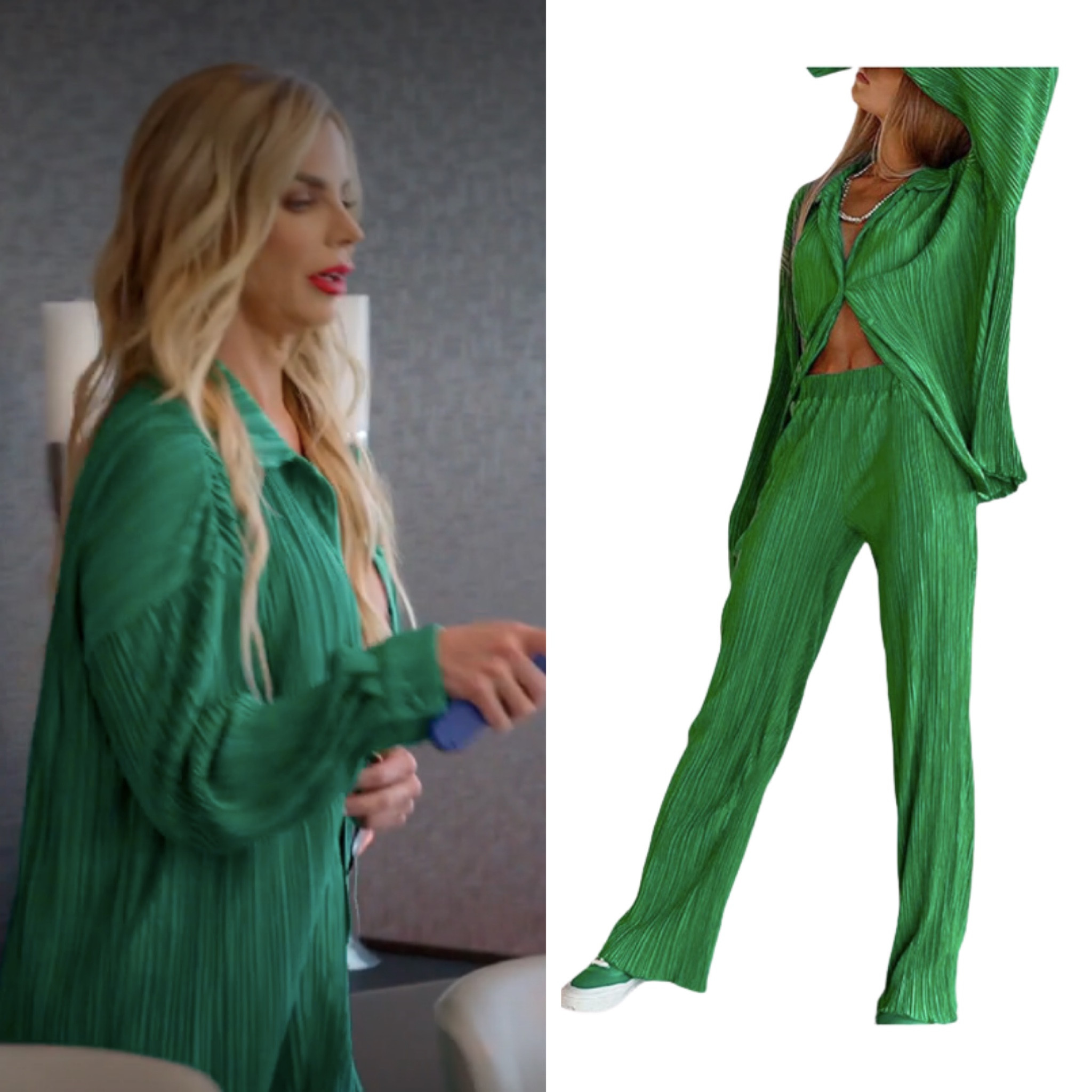 Alexia Echevarria’s Green Pleated Button Down Shirt and Pants Lounge Set