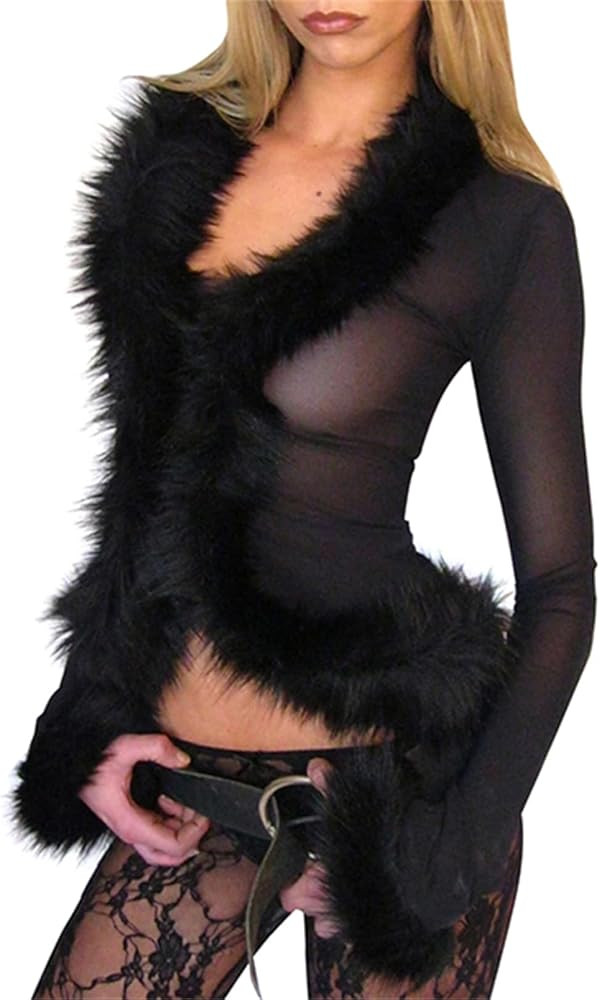 Women Mesh Faux Fur Trim Top Sexy Sheer Fuzzy Long Sleeve V Neck Open Front Crop Shirt Y2k Fairy ... | Amazon (US)