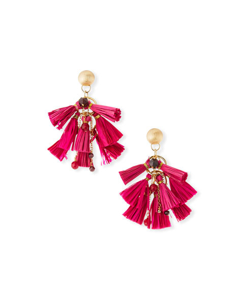 Akola Raffia & Bead Tassel Statement Earrings, Pink | Neiman Marcus