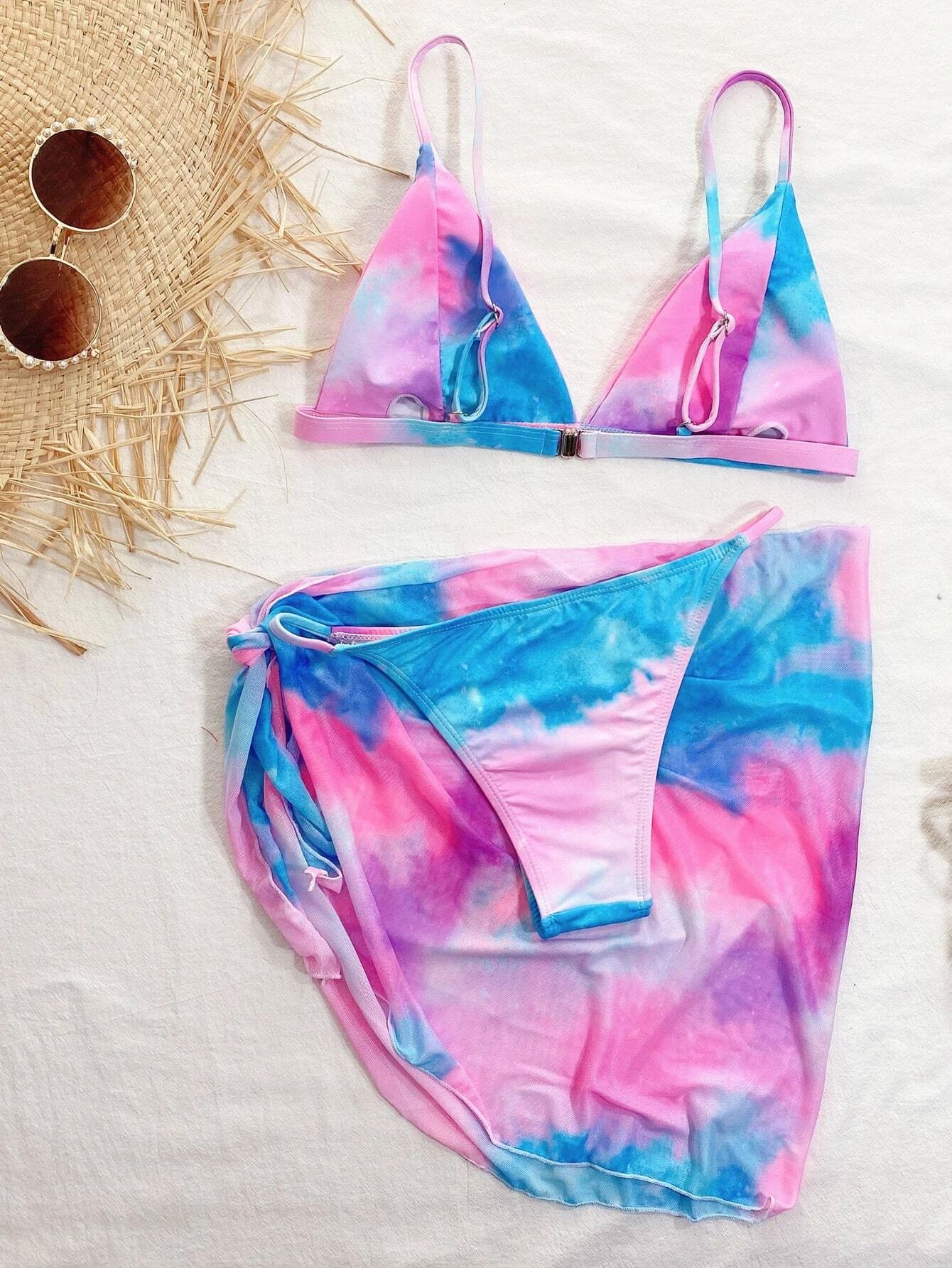 3pack Tie Dye Bikini Swimsuit & Cover Up Skirt | SHEIN