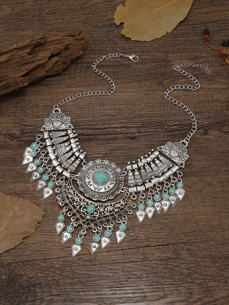 Turquoise Decor Geometric Tassel Charm Necklace | SHEIN