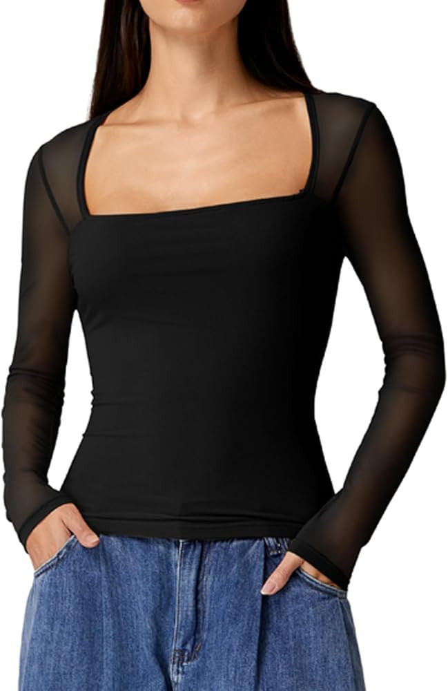 QINSEN Womens Square Neck Long Sleeve Mesh Sheer Top Double Lined Going Out Basic Shirt | Amazon (US)