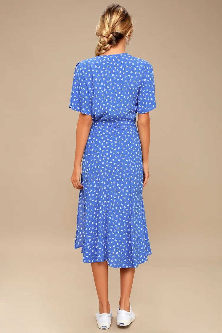 Maretta Blue and White Floral Print Wrap Midi Dress | Lulus (US)