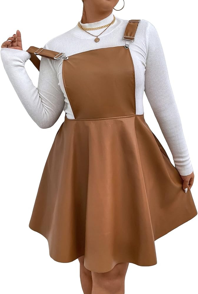 WDIRARA Women's Plus Size PU Leather Overalls Sleeveless Flare Hem Solid Pinafore Dress | Amazon (US)