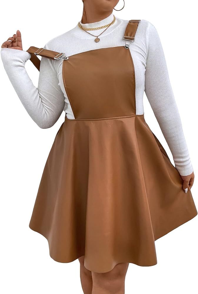 WDIRARA Women's Plus Size PU Leather Overalls Sleeveless Flare Hem Solid Pinafore Dress | Amazon (US)