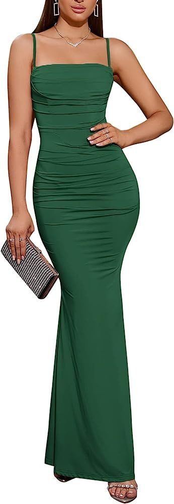 EYNMIN Women's Sleeveless Bodycon Corset Maxi Dress Spaghetti Strap Ruched Elegant Evening Party ... | Amazon (US)