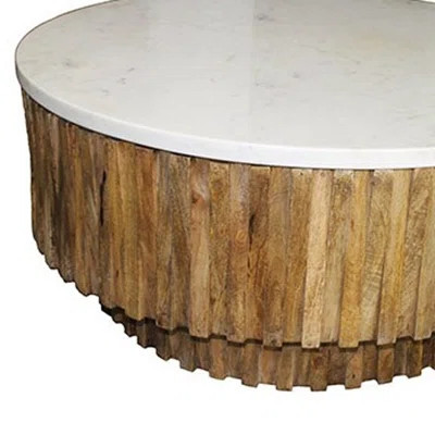 42" Ivory and Natural Genuine Marble and Solid Wood Round Solid Coffee Table – Modern Faux | Wayfair North America