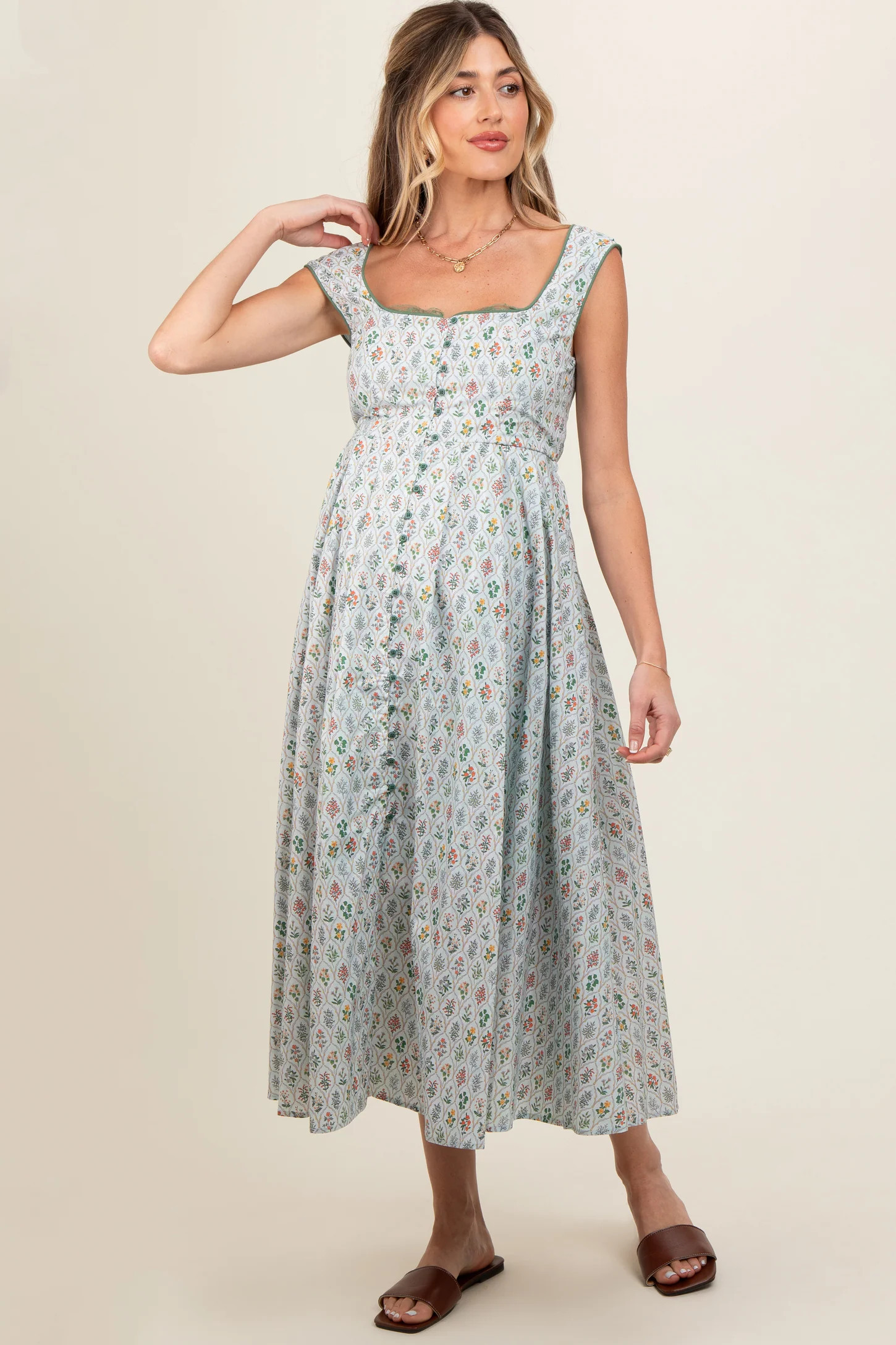 Light Blue Floral Button Front Sleeveless Maternity Maxi Dress | PinkBlush Maternity