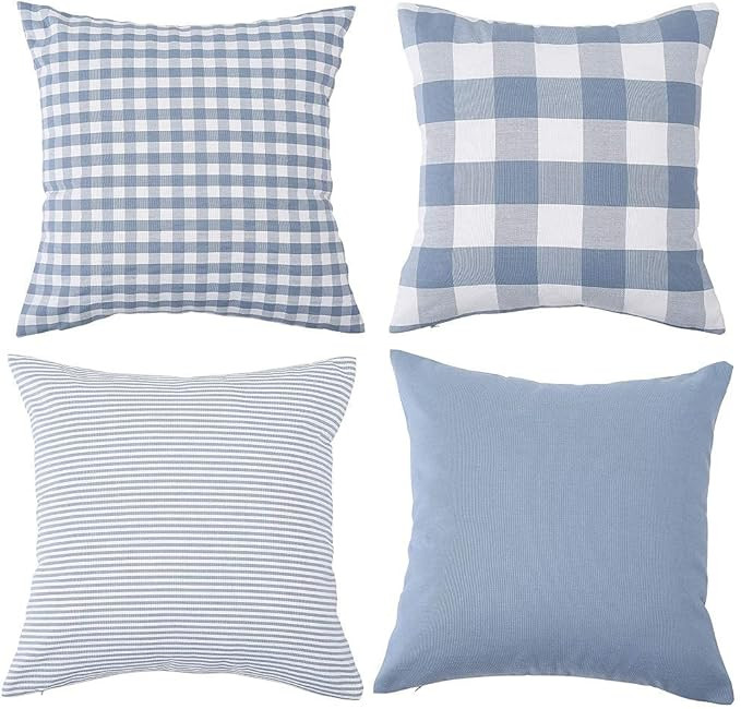 Set of 4 Decorative Farmhouse Throw Pillow Covers Plaid Cotton Square Pillow Cases Striped Pillowcas | Amazon (US)