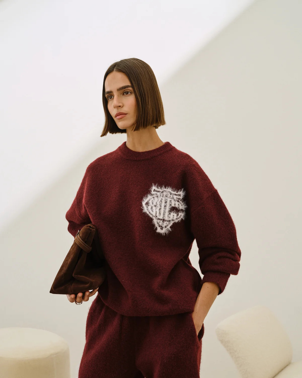 MONOGRAM FLUFFY KNIT CREW - BURGUNDY | The Couture Club