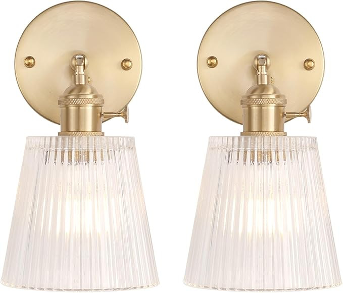 Vintage Wall Sconces Set of 2 with Transparent Stripe Glass Lampshade 180 Degree Adjustable Brass... | Amazon (US)