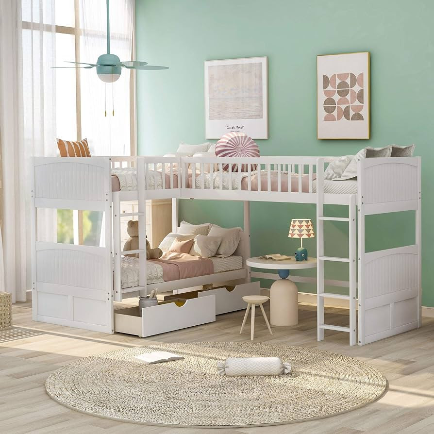 Harper & Bright Designs Triple Bunk Bed for Kids L Shaped Bunk Bed Solid Wood Twin Over Twin Over... | Amazon (US)