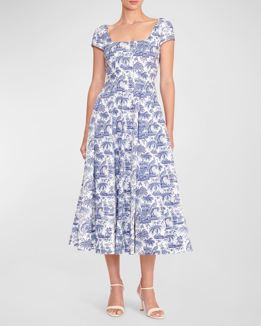Wells Short-Sleeve Square-Neck Toile Midi Dress | Neiman Marcus