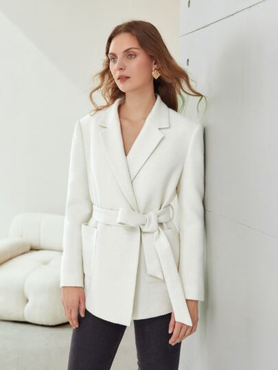MOTF PREMIUM WOOL-MIX TEXTURED BELTED BLAZER | SHEIN