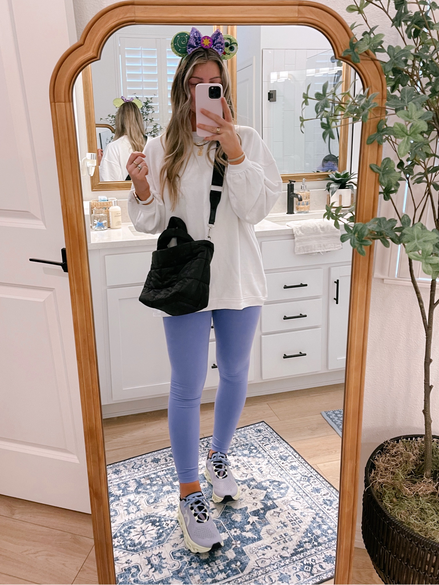 Disney outfit today! Size small leggings and tunic - M sports bra (my true sizes in all). 8.5 sneakers - the comfiest EVER!!! I do 8 in some shoes 8.5 in others for reference. Ps: these leggings are the softest I’ve ever owned- wow! The purple is not see thru!! Light colors are. Keep to the dark!