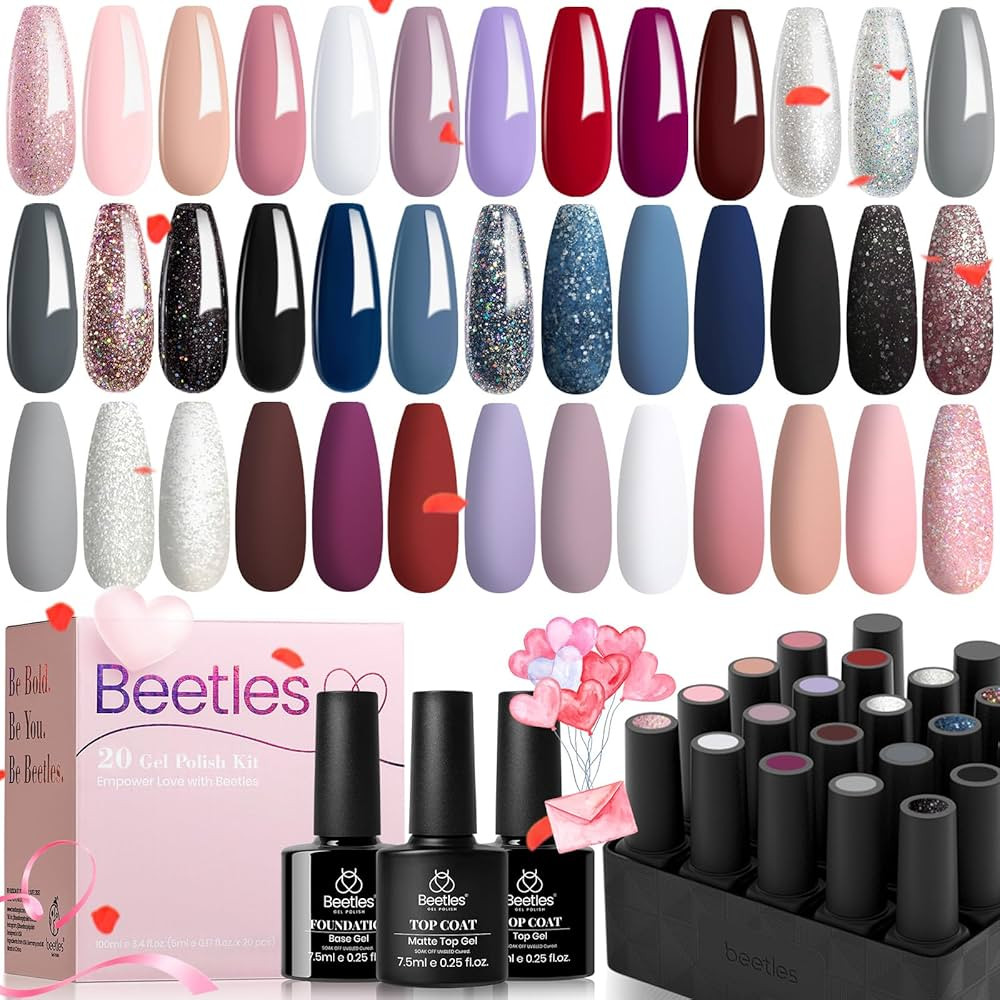 Beetles 23Pcs Gel Nail Polish Set with 3Pcs Base Matte and Glossy Top Coat,Nude Gray Pink Blue Gl... | Amazon (US)